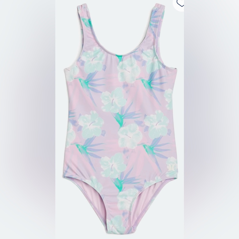 NWT Hurley One-Piece w Twist Back Girls Swimsuit - Pink Floral - Size L